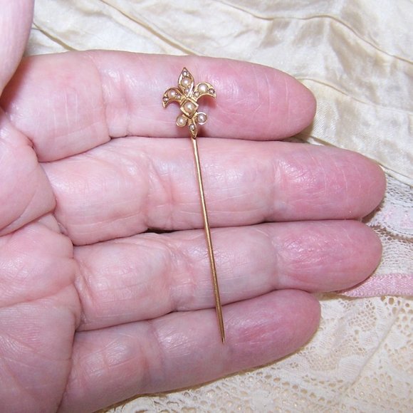 Antique Edwardian 10K Gold Natural Pearl Stick Pin - French Fleur de Lis - Picture 5 of 6